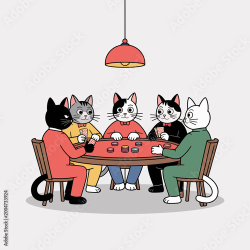 Cats Playing Poker in Living Room