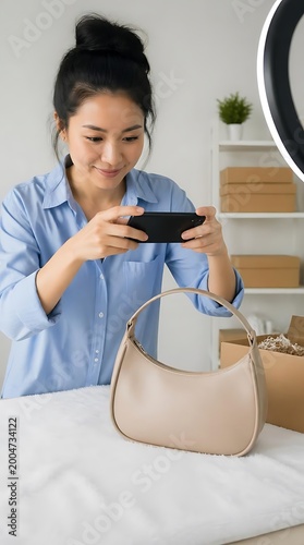 Woman taking photo of beige purse.