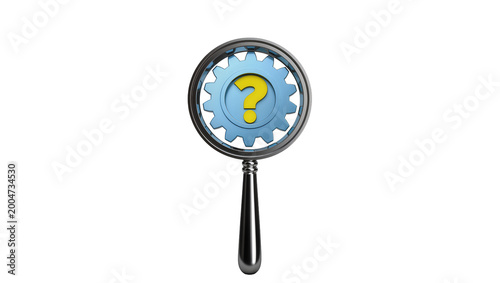 Photos Magnifying glass examining a blue gear with yellow question mark, isolated on tr