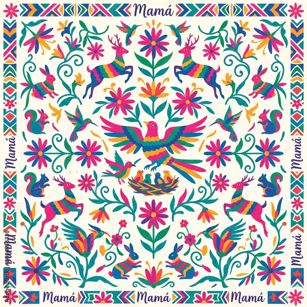 Fototapeta premium Otomi Mexican embroidery style pattern with animals and flowers for Mother's Day