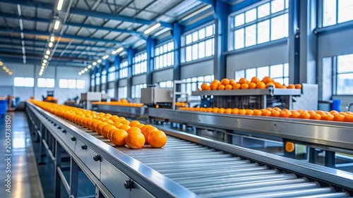 Fresh oranges rolling across stainless conveyor system in bright industrial fruit processing factory during grading