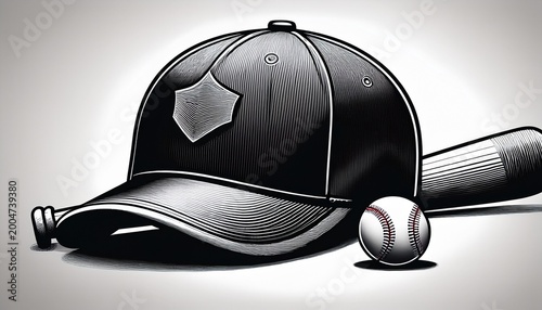 printa baseball cap bat and ball sit together on a white background in silhouette mode
