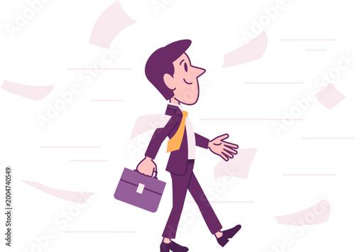 Businessman walking through wind and flying papers toward career goal.
