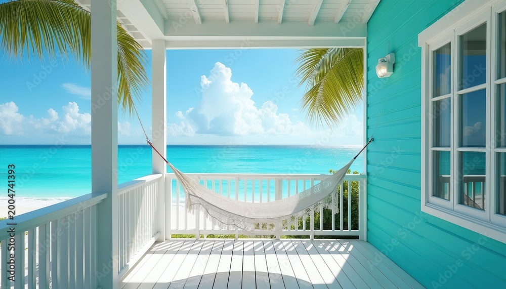 Naklejka premium Turquoise beach house porch with white railing and hammock. Ocean view with palm trees and bright blue sky. Sunny day perfect for tropical vacation relaxation.