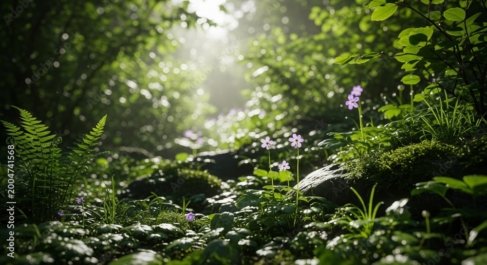 Fototapeta premium An enchanting view of a dense forest floor covered in greenery and small purple flowers. Bright sun rays break through the canopy, creating a magical atmosphere