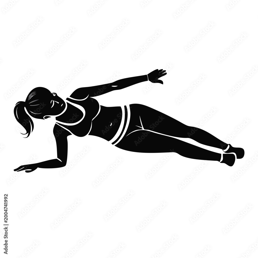 Fototapeta premium Woman doing side plank exercise with focus on core strength and balance. Side plank workout includes maintaining stability and engaging abdominal muscles.
