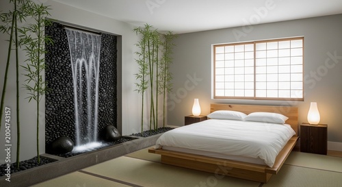 A minimalist Japanese-style Zen bedroom featuring a sliding shoji screen window and an indoor wall waterfall. The room is decorated with bamboo