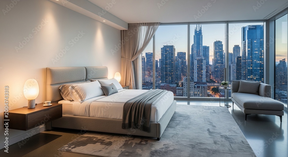 © Platon - Luxury bedroom with a stunning panoramic view of city skyscrapers at twilight. The room features a king-size bed, designer lamps, and a gray chaise lounge