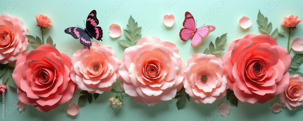Naklejka premium Coral and blush paper roses with butterflies and petals scattered on a soft mint background. Handmade floral arrangement, delicate decorative blossoms, spring celebration or anniversary theme.