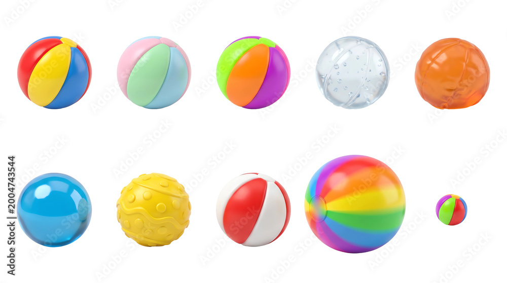 Obraz premium Collection of various colorful inflatable beach balls, transparent background