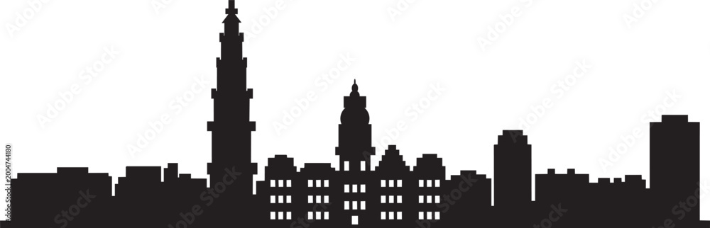 Fototapeta premium Cityscape skyline silhouette with multiple buildings and towers on a white background with dome