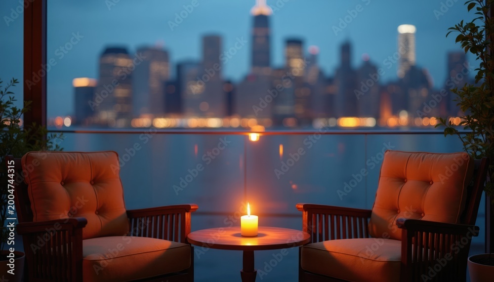 Obraz premium Two armchairs and a small table sit on a balcony with a burning candle. Blurred city lights twinkle across the water at dusk. Peaceful urban retreat.