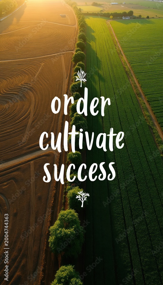 Obraz premium Aerial view of cultivated fields at sunrise. Text overlay reads Order cultivate success. Green and brown land patterns under warm light. Orderly rows of crops suggest growth and planning.