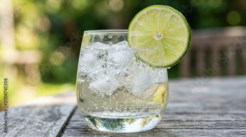 Refreshing lime soda in a short glass with ice and lime slice outdoors on wooden bench for summer drink banner