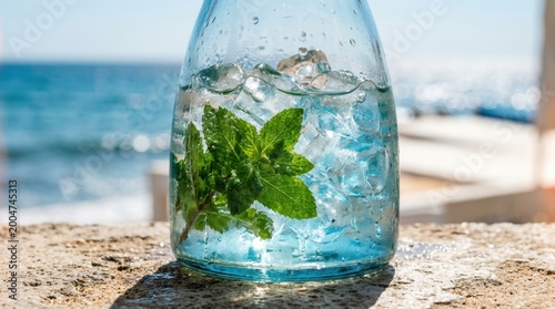 Glass bottle with ice and fresh mint leaves by the seaside for summer drink background and refreshing beverage poster
