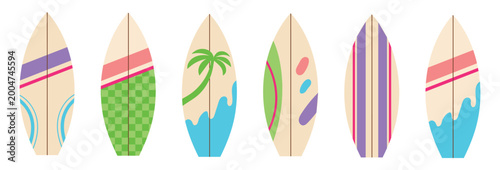 Sticker Vector set of colorful surfboards with different tropical and geometric designs isolated on white background