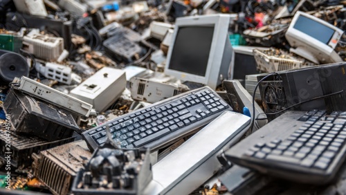 Electronic Waste Heap with Old Computers and Keyboards