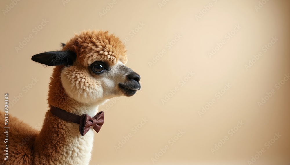 Naklejka premium Alpaca wears brown bow tie, poses indoors. Cute fluffy mammal with soft fur, light brown coat, and big dark eyes looking forward. Domesticated animal wears accessory.