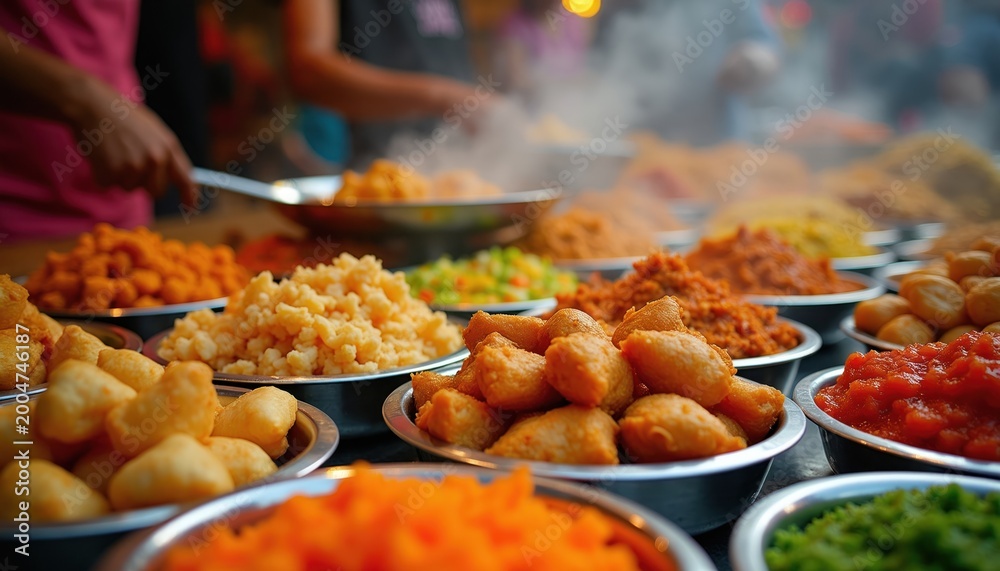 Obraz premium Close view of various Indian street food items in metal bowls. Savory snacks and curries steam on market stall. People prepare food in background, creating busy vibe.