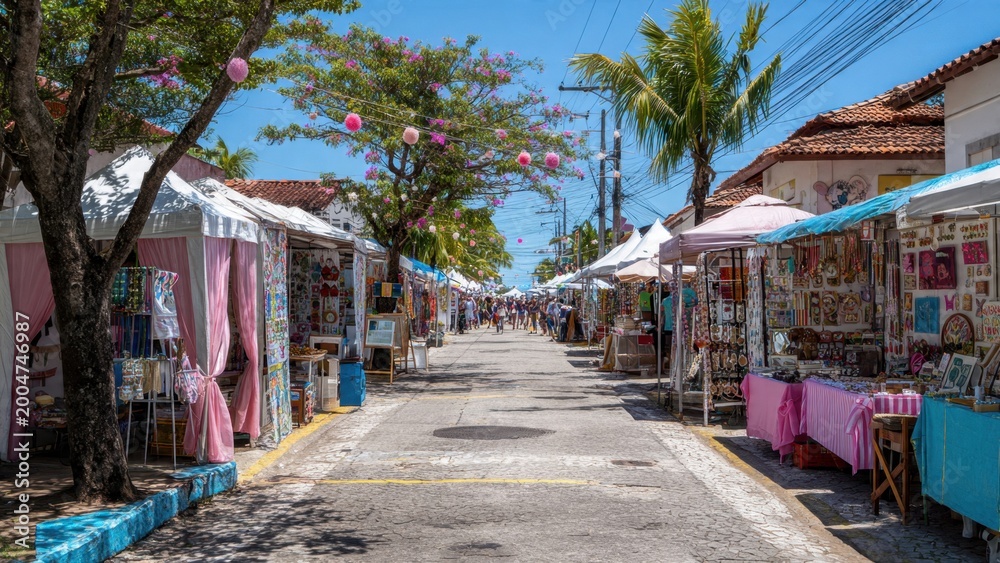 Fototapeta premium Vibrant Street Market with Colorful Stalls and Palm Trees