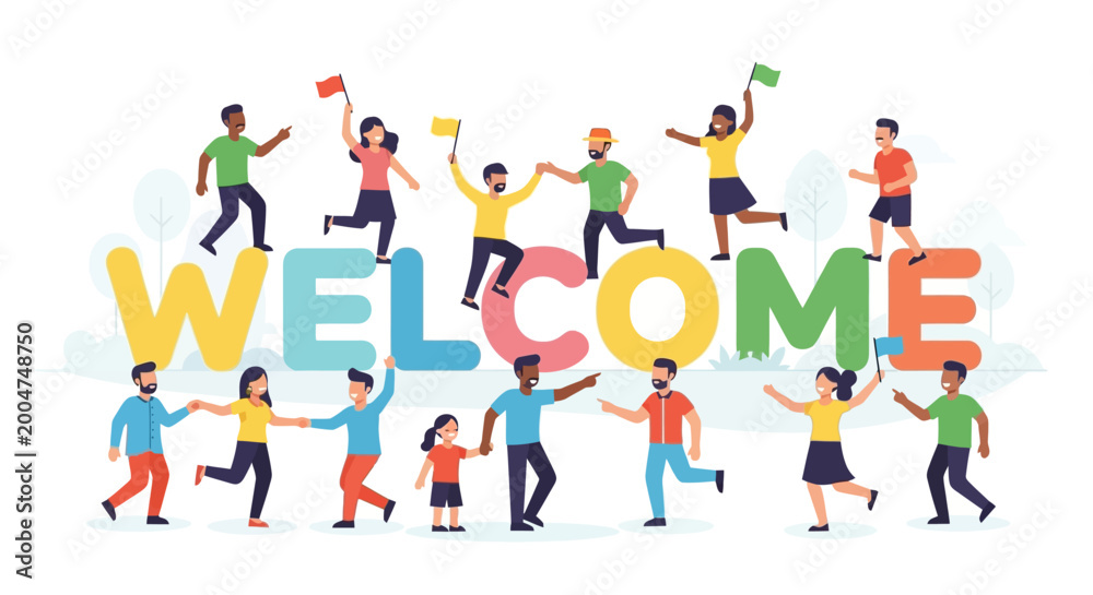 Fototapeta premium Diverse people jumping welcome celebration.