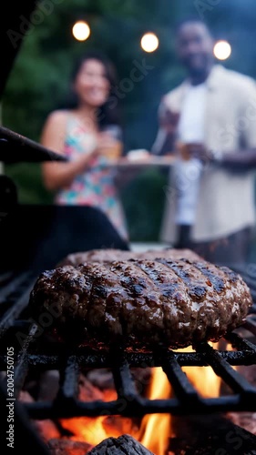 Burger patty grilling on barbecue with flames and blurred people in background. Concept of food, cooking, grilling, outdoor dining, lifestyle. Vertical video