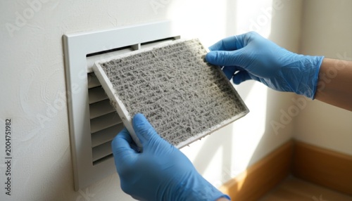 Gloved hands extract a thick, dust-filled air filter from a white wall vent, highlighting home cleaning.