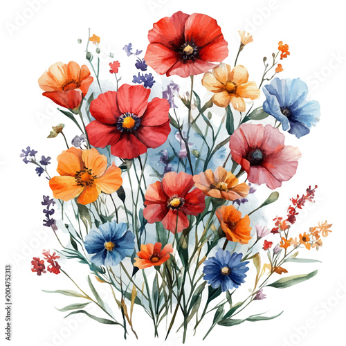 Wildflowers, refined watercolor illustration with luminous tones and soft layered brushwork, isolated on a white background.