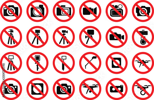 Prohibition signs icon set for no photography or videography