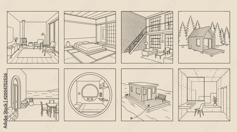 Fototapeta premium Minimalist Line Art Collection of Modern and Tiny Living Spaces Homes and Interior Designs