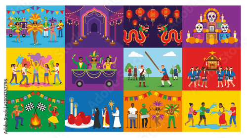 Vibrant International Culture Celebration Mosaic: Diverse Traditions Festivals and Holidays Graphic