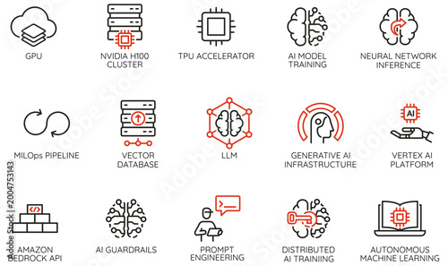 Konstfotografi Vector Set of Linear Icons Related to Artificial Intelligence infrastructure, Ma