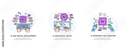 Set of illustrations concept with businessmen. technology, partnership, artificial intelligence business robot, cybes. linear illustration Icons infographics. Landing page site print poster. Line