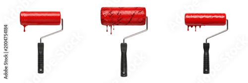 Foto Set of Professional Red Paint Roller with Splash with Isolated on White Backgrou