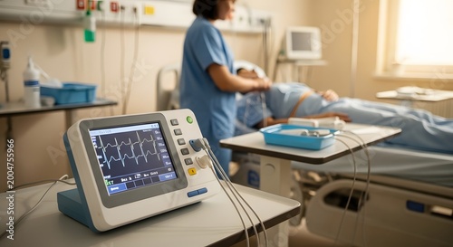 Vital signs monitor displaying heart rate in a hospital ward. Nurse attending to patient in blurred background. Medical monitoring and healthcare concept