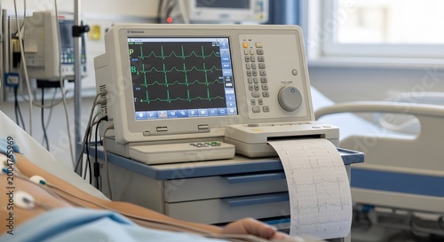 ECG monitor showing heart rate waveforms in a hospital room. Medical EKG machine printing heart rhythm data. Cardiology diagnostic equipment in clinical setting
