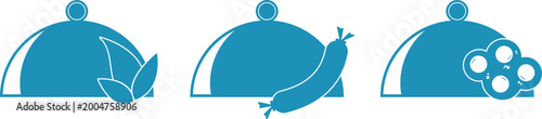 Dish lids, pot and pan lids. Dinnerware with egg pan, sausage, and green leaves.