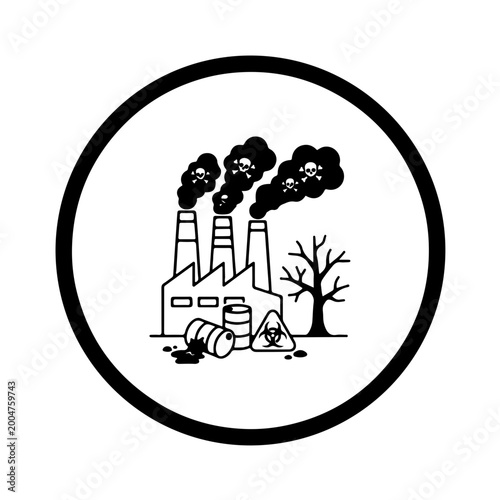 Industrial pollution and toxic waste icon with factory chimneys, dead tree and hazardous barrels for environmental awareness concept