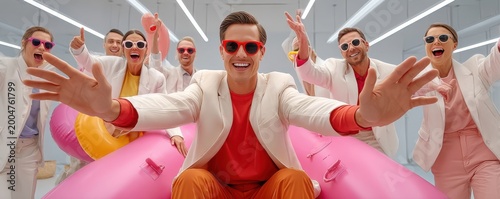 Business team having fun in the office with inflatable raft and colorful sunglasses celebrating success