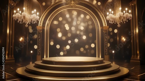 Grand golden stage with tiered platform and sparkling bokeh backdrop, illuminated by elegant chandeliers.
