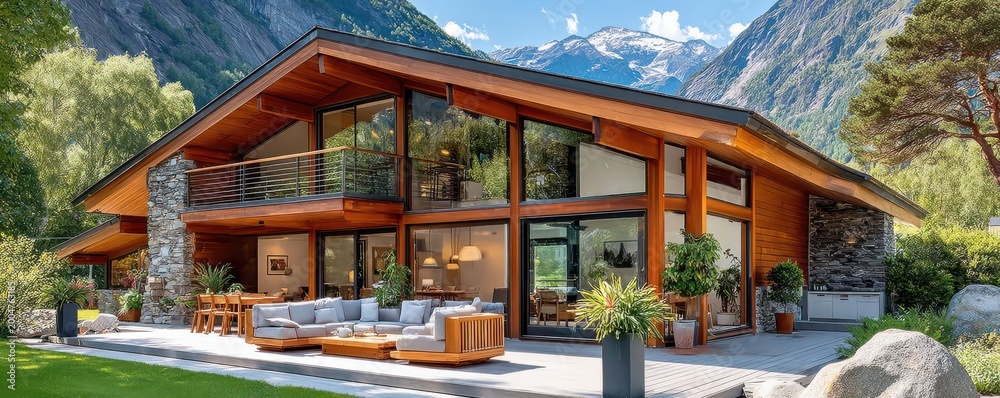 Fototapeta premium Modern wooden mountain house with large windows and spacious outdoor deck