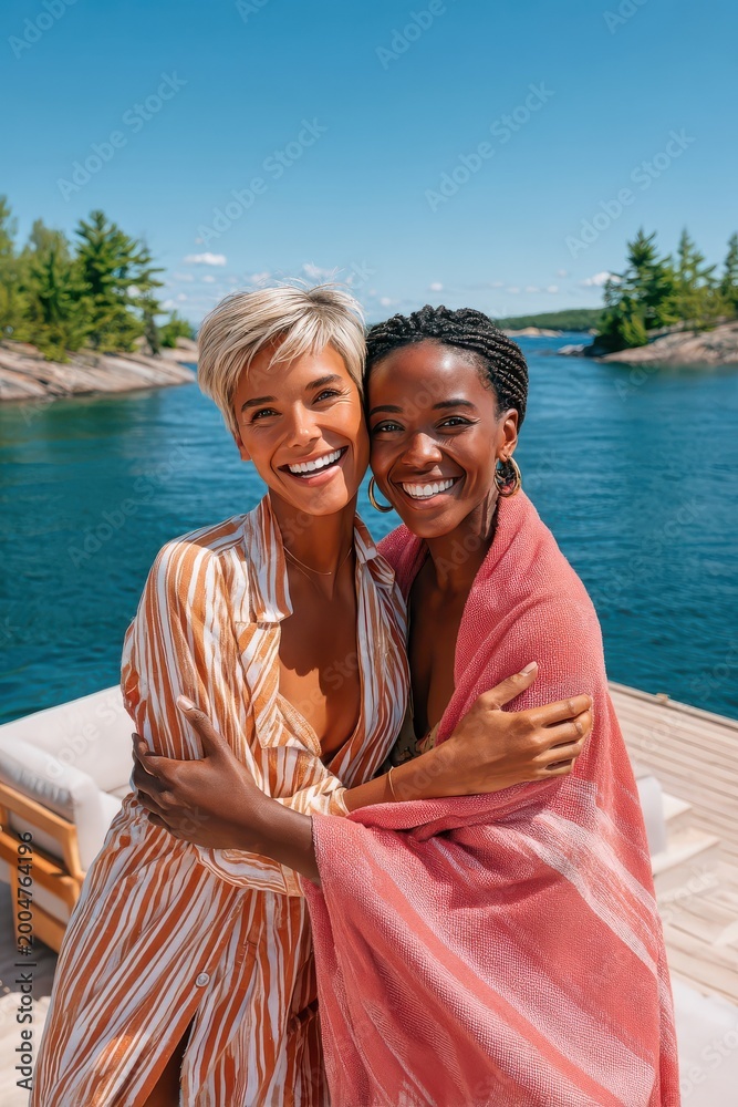 Fototapeta premium Two friends smiling on a dock wrapped in towels at a sunny lake on summer vacation