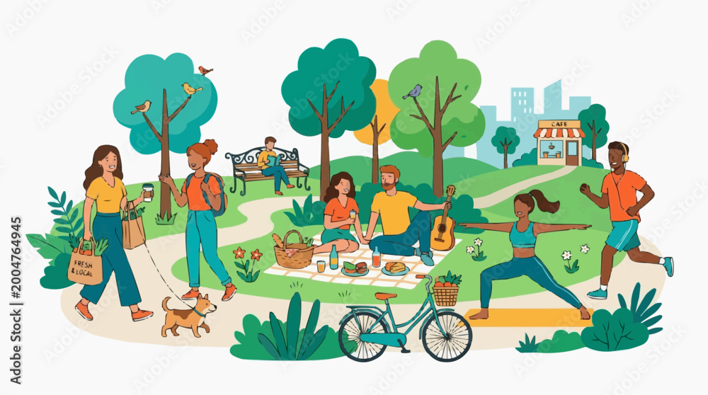 Fototapeta premium Various diverse people enjoying leisure activities in a vibrant city park, including yoga, jogging, picnics, and dog walking.