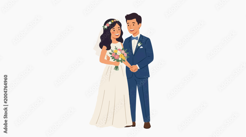 Fototapeta premium A lovingly happy bride and groom stand together, holding hands and smiling on their beautiful wedding day.