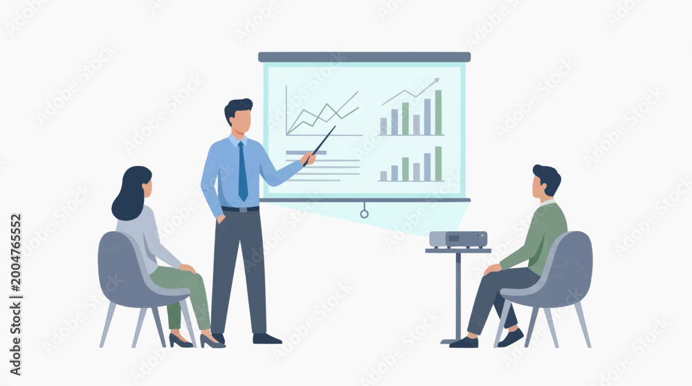 Fototapeta premium A business presentation illustrating a speaker gesturing towards a chart while an audience listens