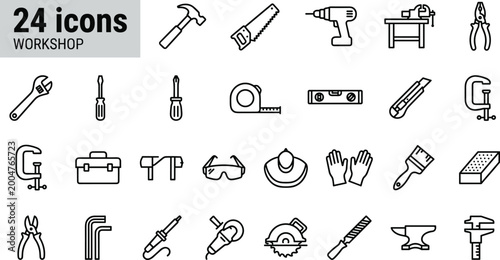 Canvas Print 24 minimalist workship tools and office supplies flat design vector illustration