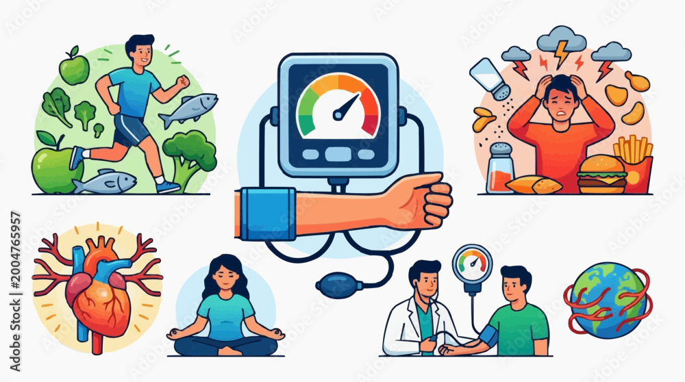 Naklejka premium A detailed health concept with diverse components, symbolizing wellness and illness, with a person getting a check-up.