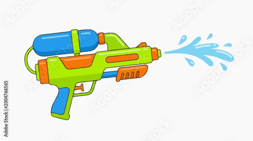 A vibrant illustration showcases a classic squirt gun spraying water, symbolizing summer fun and playful moments.