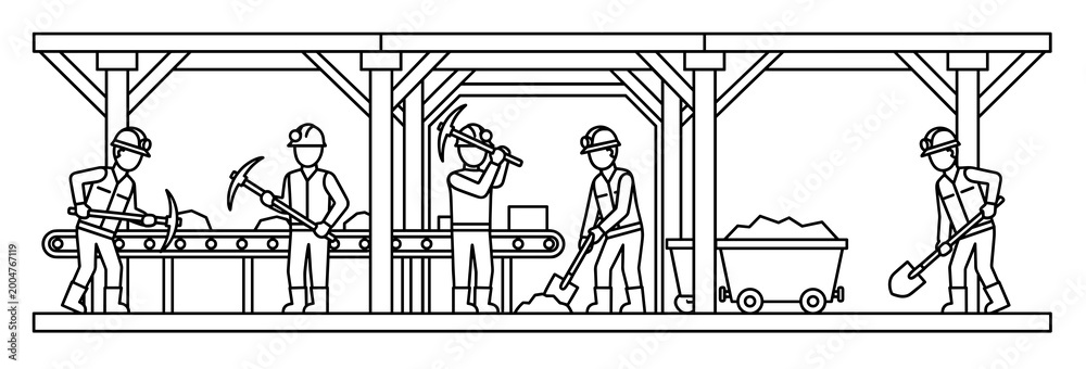 Obraz premium Underground coal miners day vector illustration in black and white outline style showing hard-working men using pickaxes and shovels near a conveyor belt and cart full of rocks.