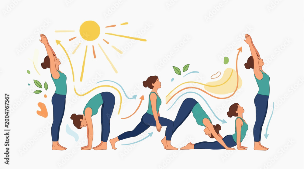 Obraz premium A sequence of yoga poses are gracefully demonstrated, each transition seamlessly flowing into the next, all under the warm gaze of the sun.